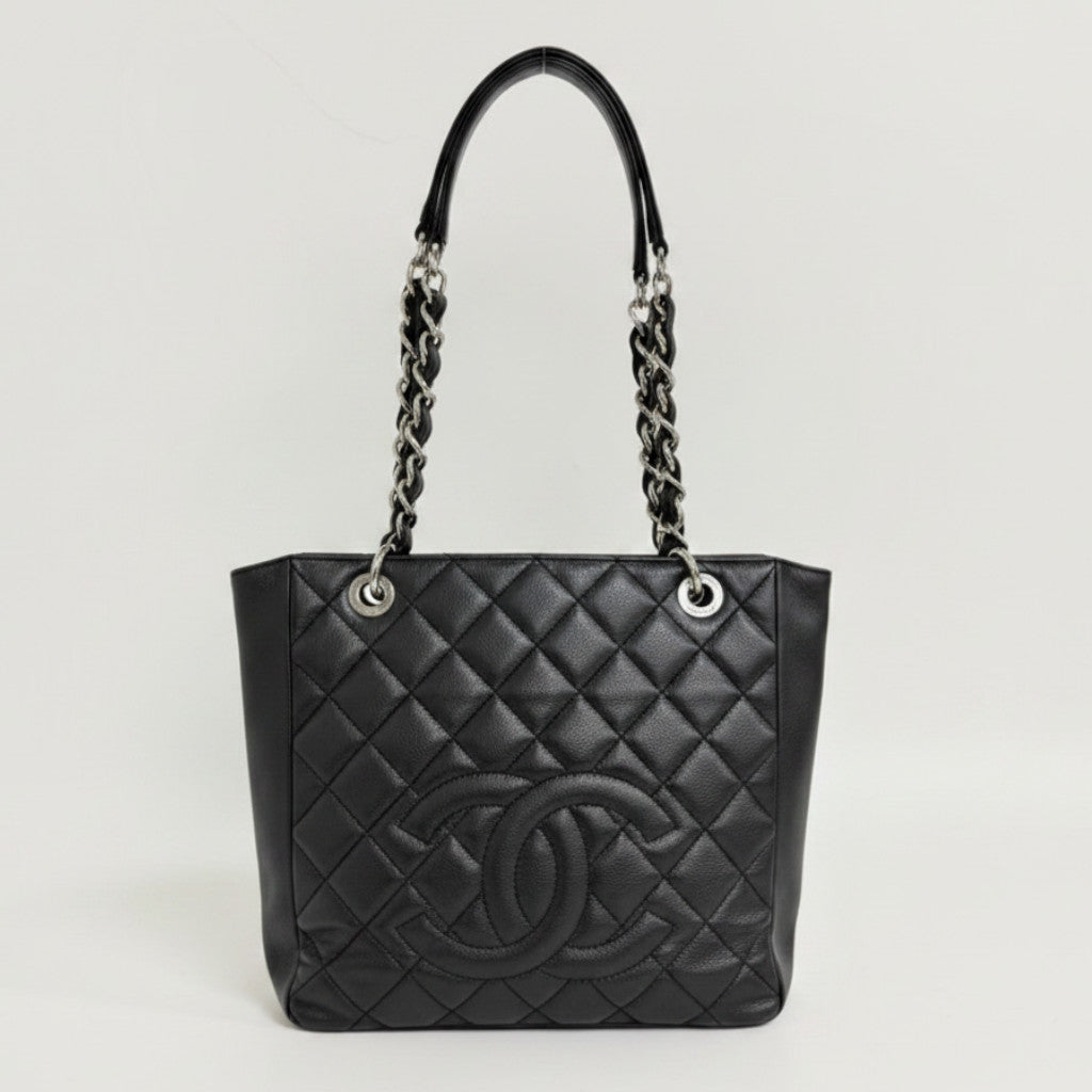Lynn's Closet Boutique Chanel Petite Shopping Tote in black quilted caviar leather with silver-tone chain straps.