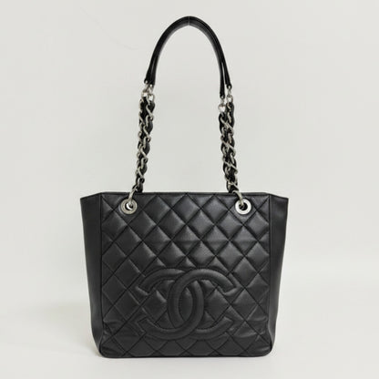 Lynn's Closet Boutique Chanel Petite Shopping Tote in black quilted caviar leather with silver-tone chain straps.
