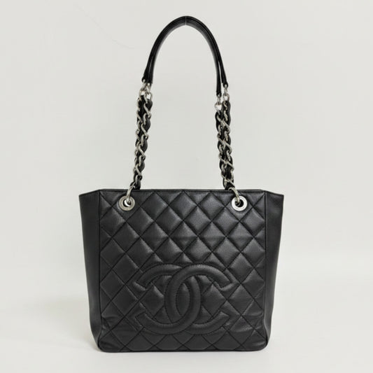 Lynn's Closet Boutique Chanel Petite Shopping Tote in black quilted caviar leather with silver-tone chain straps.