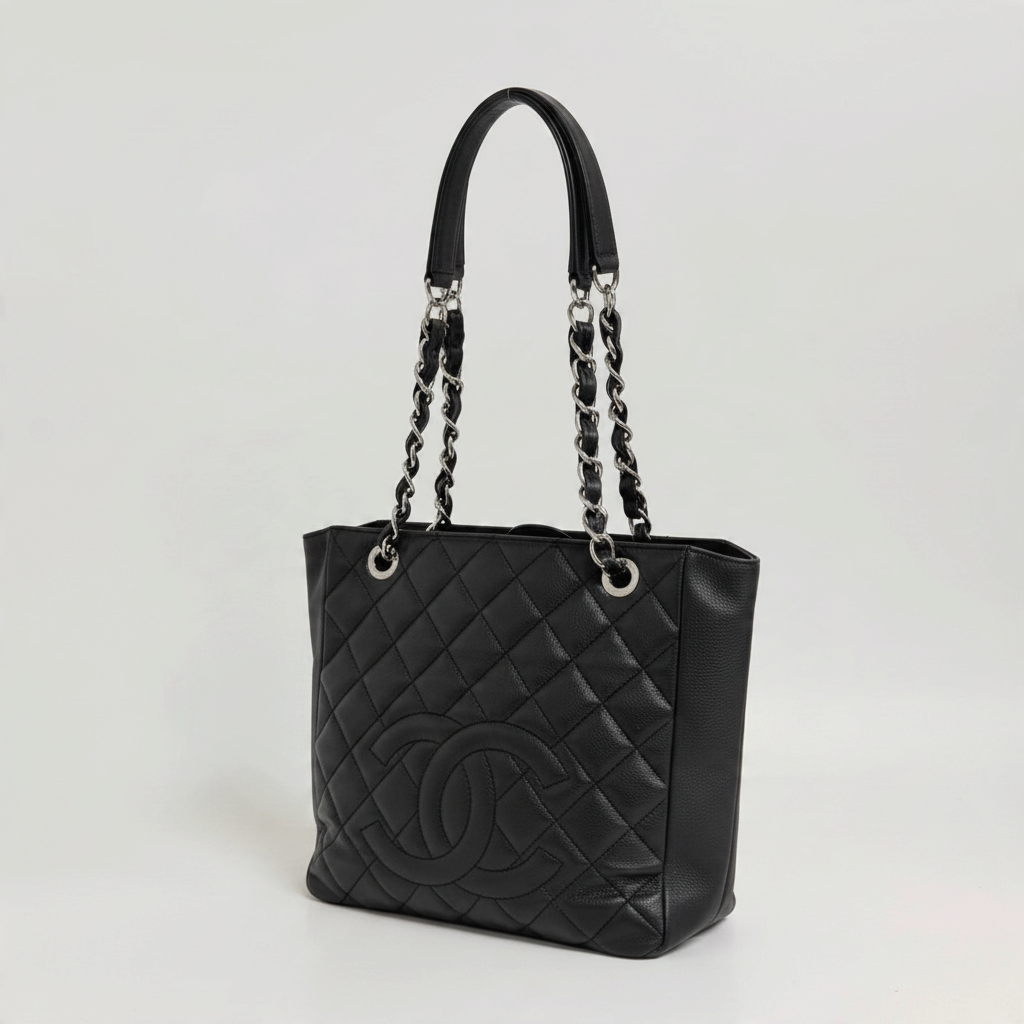 Lynn's Closet Boutique Chanel Petite Shopping Tote in black quilted caviar leather with silver-tone chain straps
