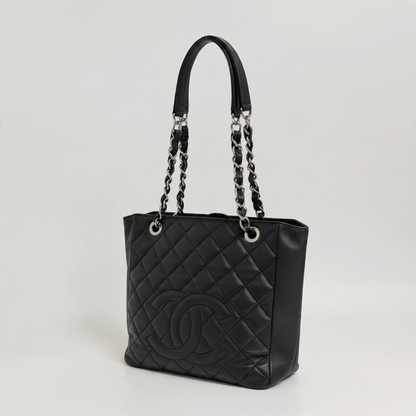 Lynn's Closet Boutique Chanel Petite Shopping Tote in black quilted caviar leather with silver-tone chain straps