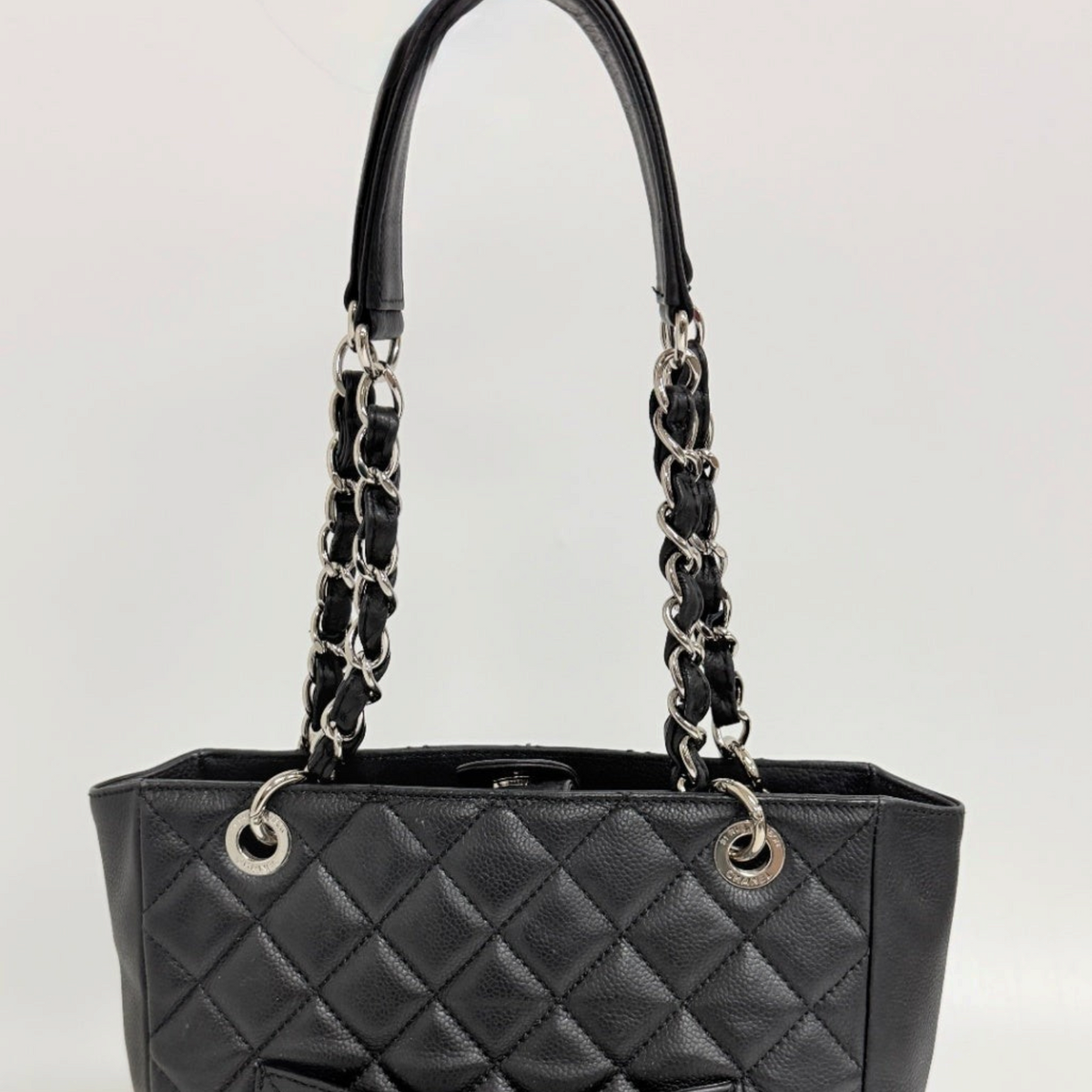 Lynn's Closet Boutique Chanel Petite Shopping Tote in black quilted caviar leather with silver chain-link straps.