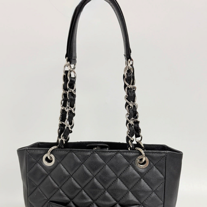 Lynn's Closet Boutique Chanel Petite Shopping Tote in black quilted caviar leather with silver chain-link straps.