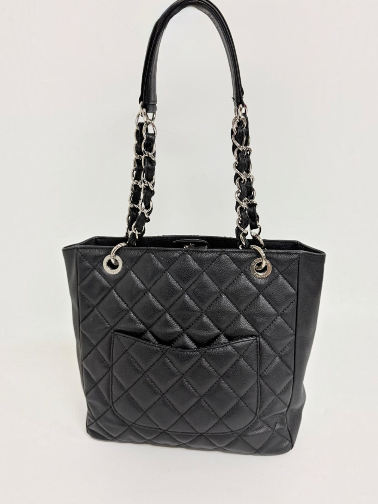 Lynn's Closet Boutique Chanel Petite Shopping Tote in black quilted caviar leather with silver-tone chain straps.