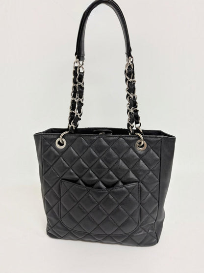 Lynn's Closet Boutique Chanel Petite Shopping Tote in black quilted caviar leather with silver-tone chain straps.