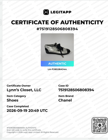 Lynn's Closet Boutique Chanel metallic silver lambskin sneakers with black patent cap toe and CC logo on tongue