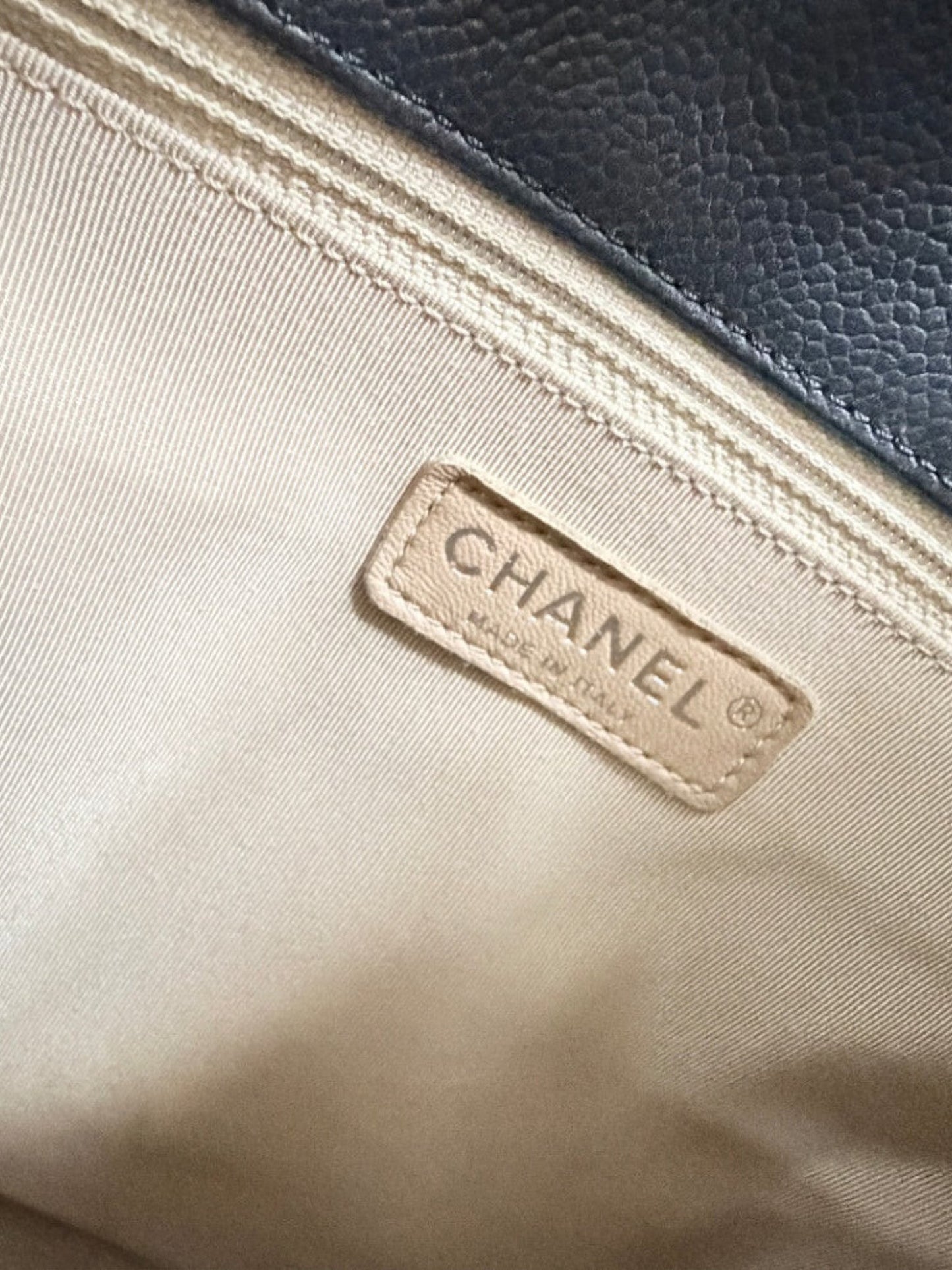 Lynn's Closet Boutique Chanel Petite Shopping Tote interior fabric lining with leather brand logo tag