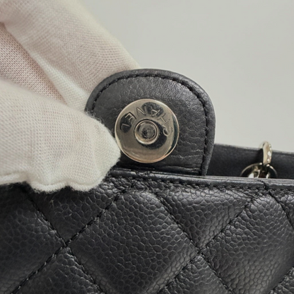 Lynn's Closet Boutique Chanel Petite Shopping Tote black caviar leather magnetic snap closure with silver hardware