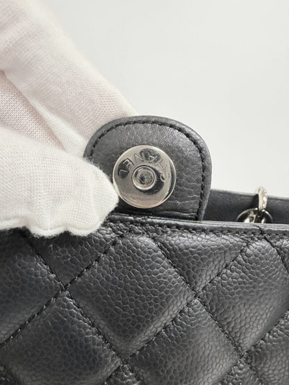 Lynn's Closet Boutique Chanel Petite Shopping Tote featuring a silver-tone magnetic snap closure on black caviar leather