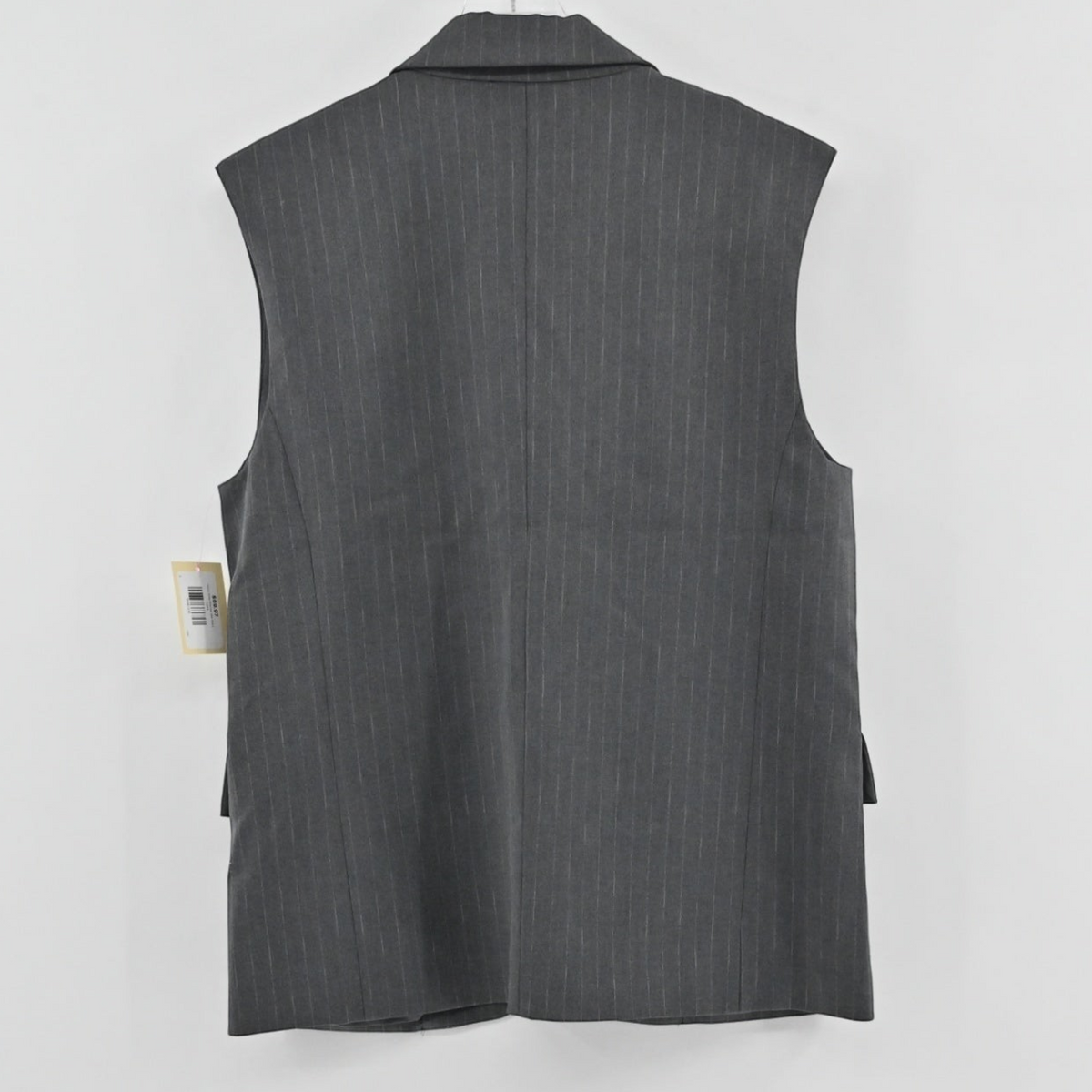 Lynn's Closet Boutique charcoal grey pinstripe vest with a tailored sleeveless silhouette and structured collar.