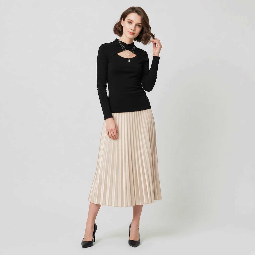 Lynn's Closet Boutique black Chiara Boni long-sleeve top with front cutout worn by a model with a pleated midi skirt