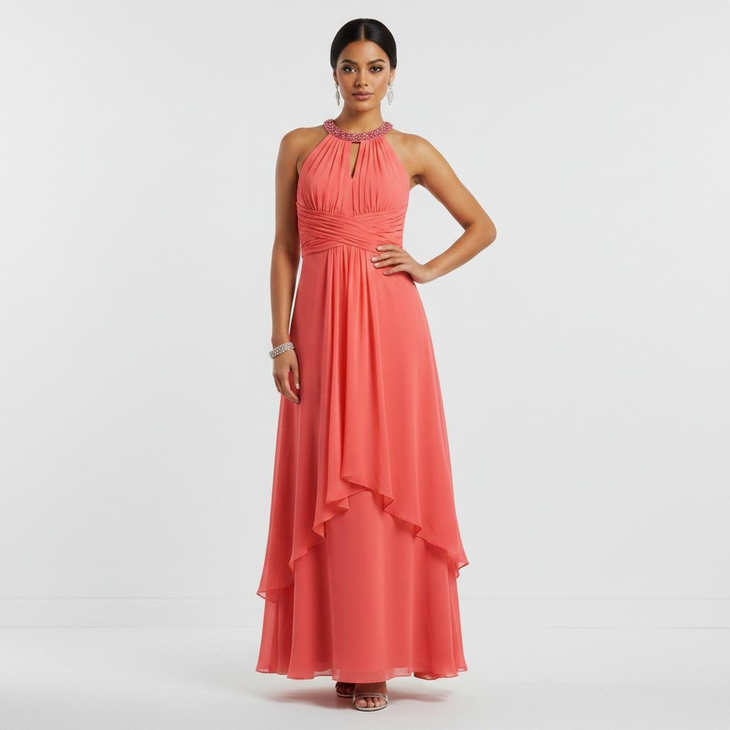 Lynn's Closet Boutique coral chiffon high-low halter dress with an embellished neckline and ruched bodice on a model
