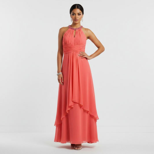 Lynn's Closet Boutique coral chiffon high-low halter dress with an embellished neckline and ruched bodice on a model