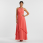Lynn's Closet Boutique coral chiffon high-low halter dress with an embellished neckline and ruched bodice on a model