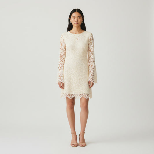 Lynn's Closet Boutique cream lace long sleeve mini dress with scalloped hem. Size 2X.