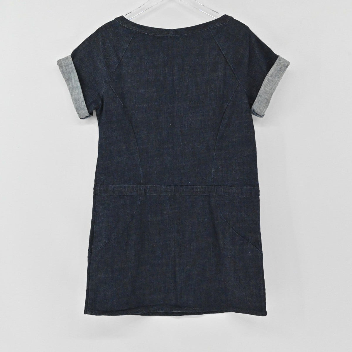 Lynn's Closet Boutique dark wash denim dress with cuffed short sleeves and a drawstring waist, back view.