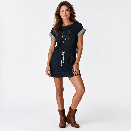 Model wearing Lynn's Closet Boutique dark wash denim dress with drawstring waist, cuffed sleeves, and brown boots.