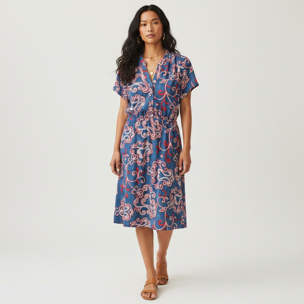 Lynn's Closet Boutique Robert Louis denim print dress with red and white paisley pattern, V-neck, short sleeves, elastic waist, size M.