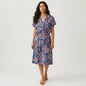 Lynn's Closet Boutique Robert Louis denim print dress with red and white paisley pattern, V-neck, short sleeves, elastic waist, size M.