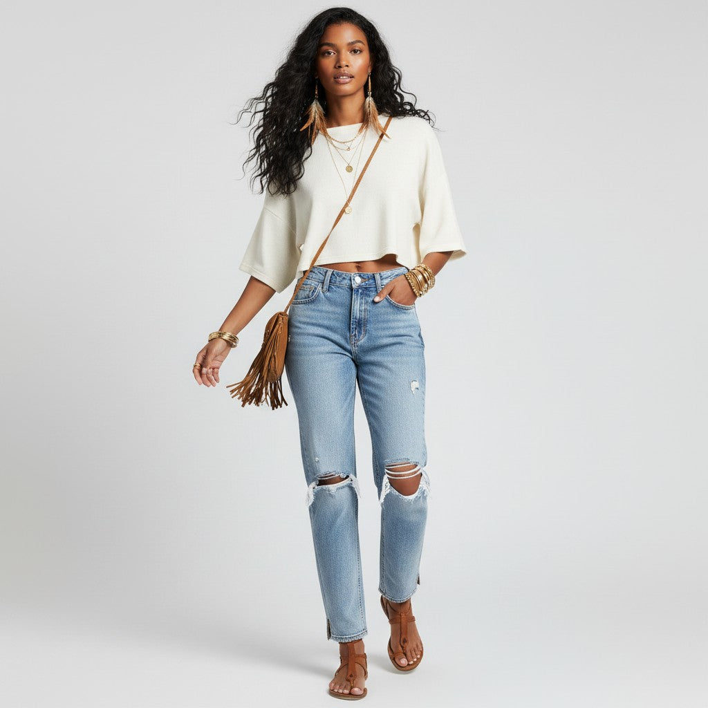 Lynn's Closet Boutique model wearing Free People light-wash distressed straight-leg jeans with a high-rise waist.