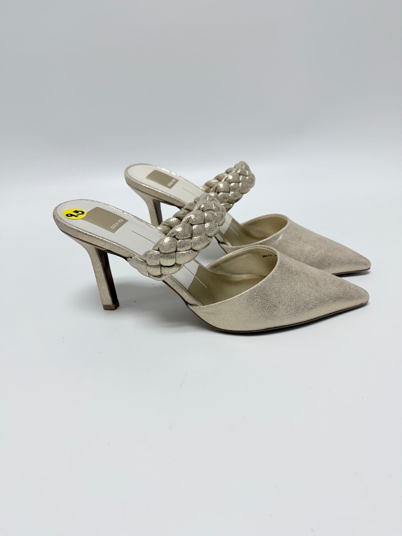 Lynn's Closet Boutique Dolce Vita gold braided mules with a pointed toe and mid-height heel, size 9.5.