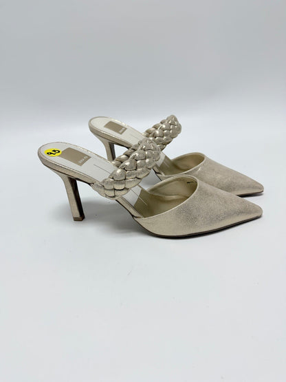 Lynn's Closet Boutique Dolce Vita gold braided mules with a pointed toe and mid-height heel, size 9.5.