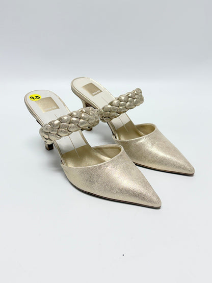 Lynn's Closet Boutique Dolce Vita gold braided pointed-toe mule heels with a mid-height heel, size 9.5.