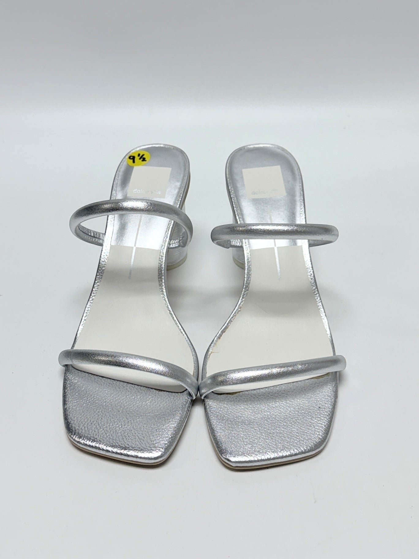 Lynn's Closet Boutique Dolce Vita silver metallic double-strap block heel mule sandals with a square toe.