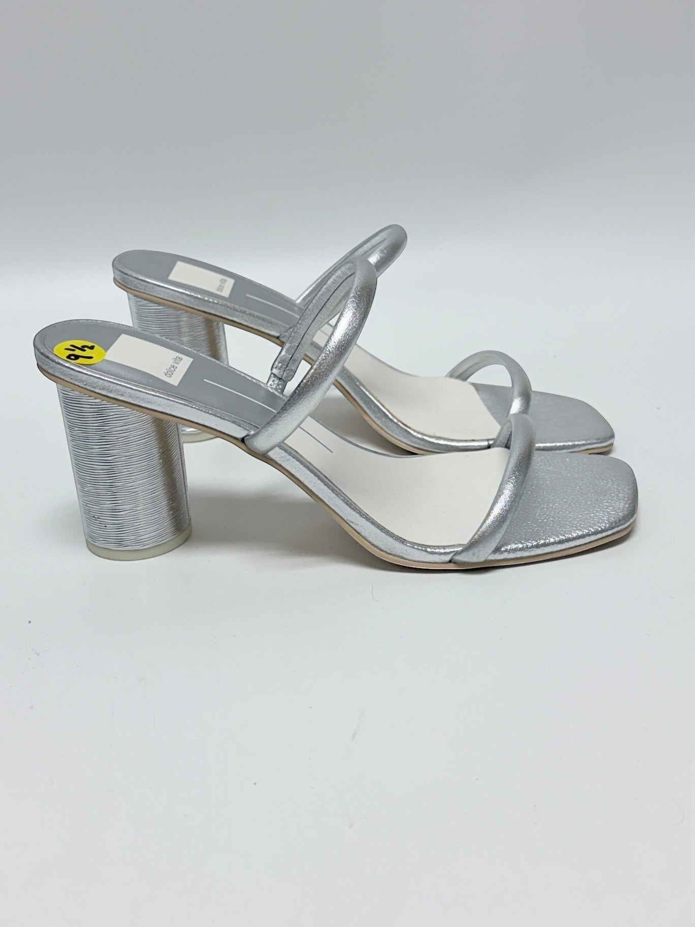 Lynn's Closet Boutique Dolce Vita silver metallic mule sandals with double straps, square toe, and block heel.