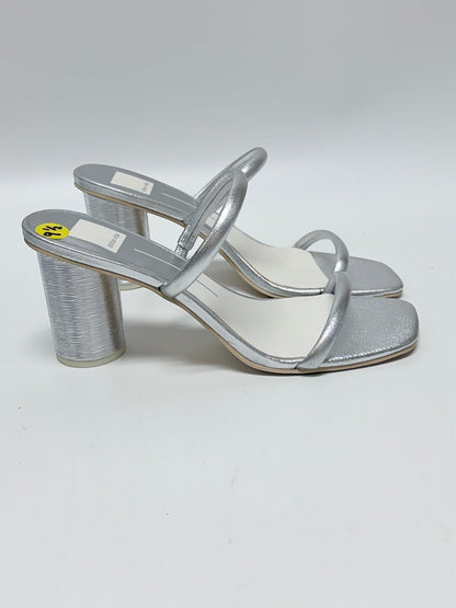 Lynn's Closet Boutique Dolce Vita silver metallic mule sandals with double straps, square toe, and block heel.