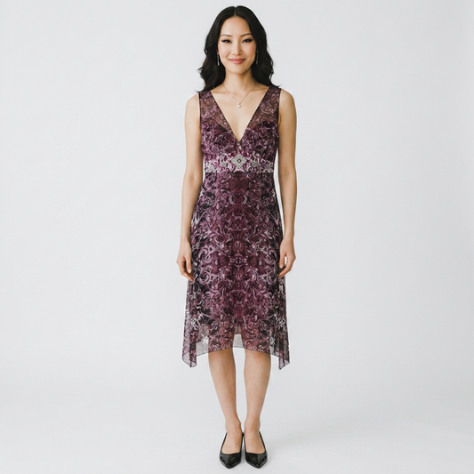 Lynn's Closet Boutique Elie Tahari sleeveless silk dress in purple and black with a V-neck and jewel-toned waist