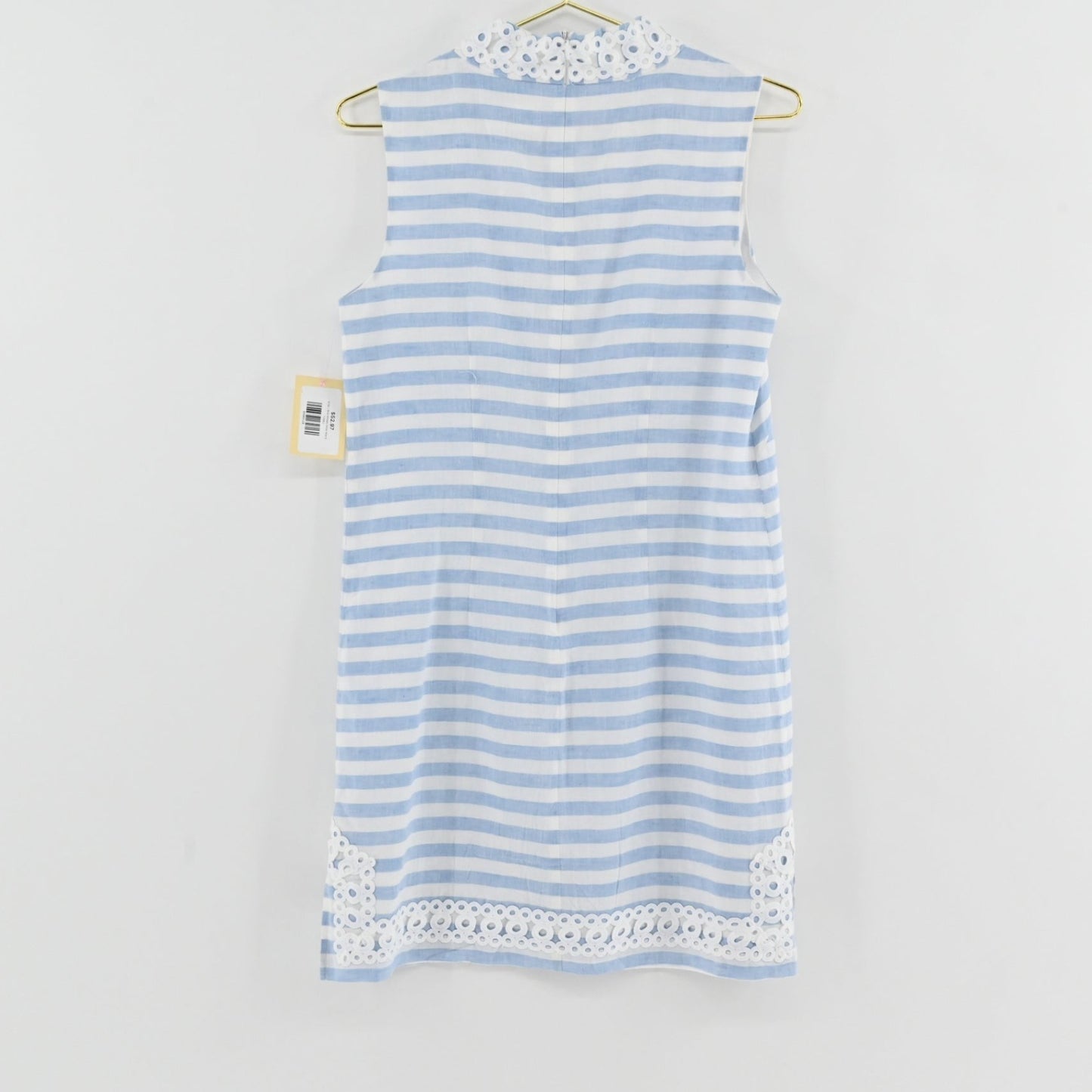 Lynn's Closet Boutique Eliza J sleeveless blue and white striped shift dress with white eyelet lace trim at hem