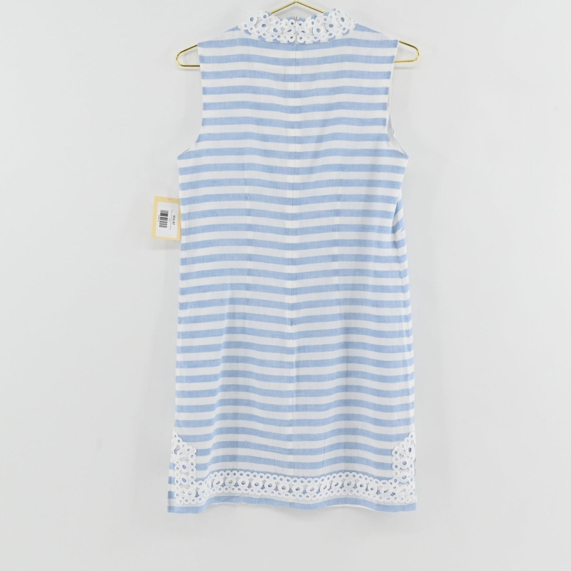 Lynn's Closet Boutique Eliza J sleeveless blue and white striped shift dress with white eyelet lace trim at hem
