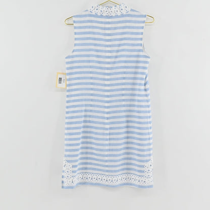 Lynn's Closet Boutique Eliza J sleeveless blue and white striped shift dress with white eyelet lace trim at hem