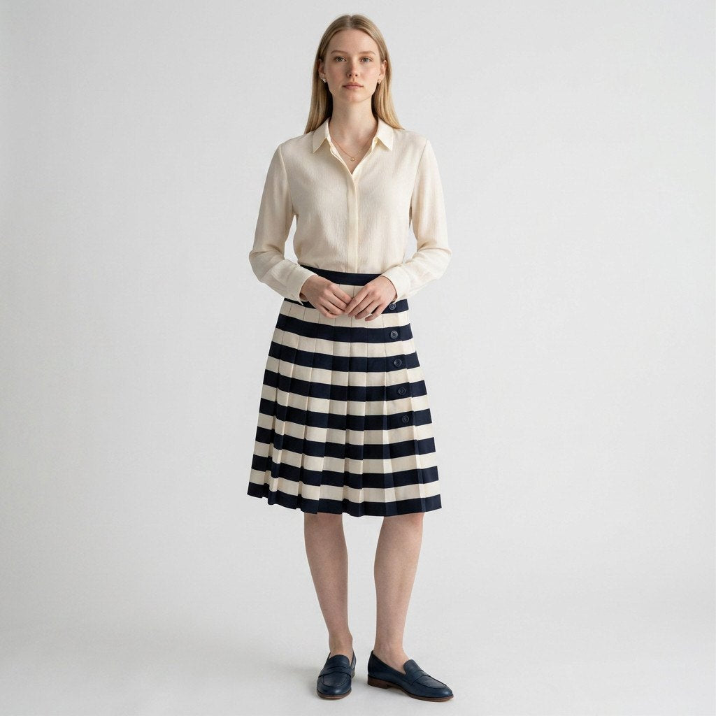 Lynn's Closet Boutique Ellen Tracy knee-length pleated silk skirt with navy and cream stripes and side button detail.