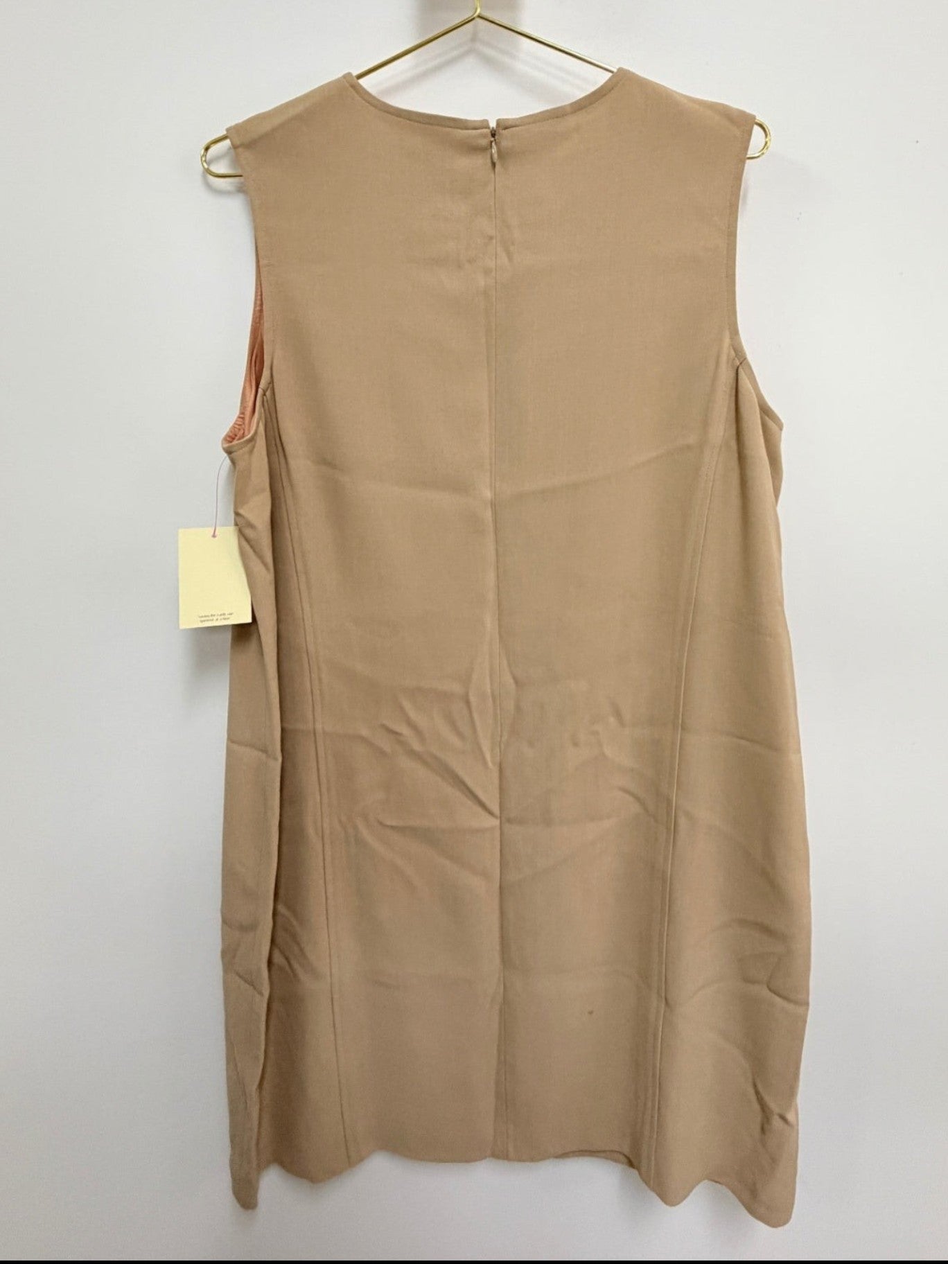 Lynn's Closet Boutique Emanuel Ungaro camel sleeveless shift dress, size 16, featuring a back-zip closure.