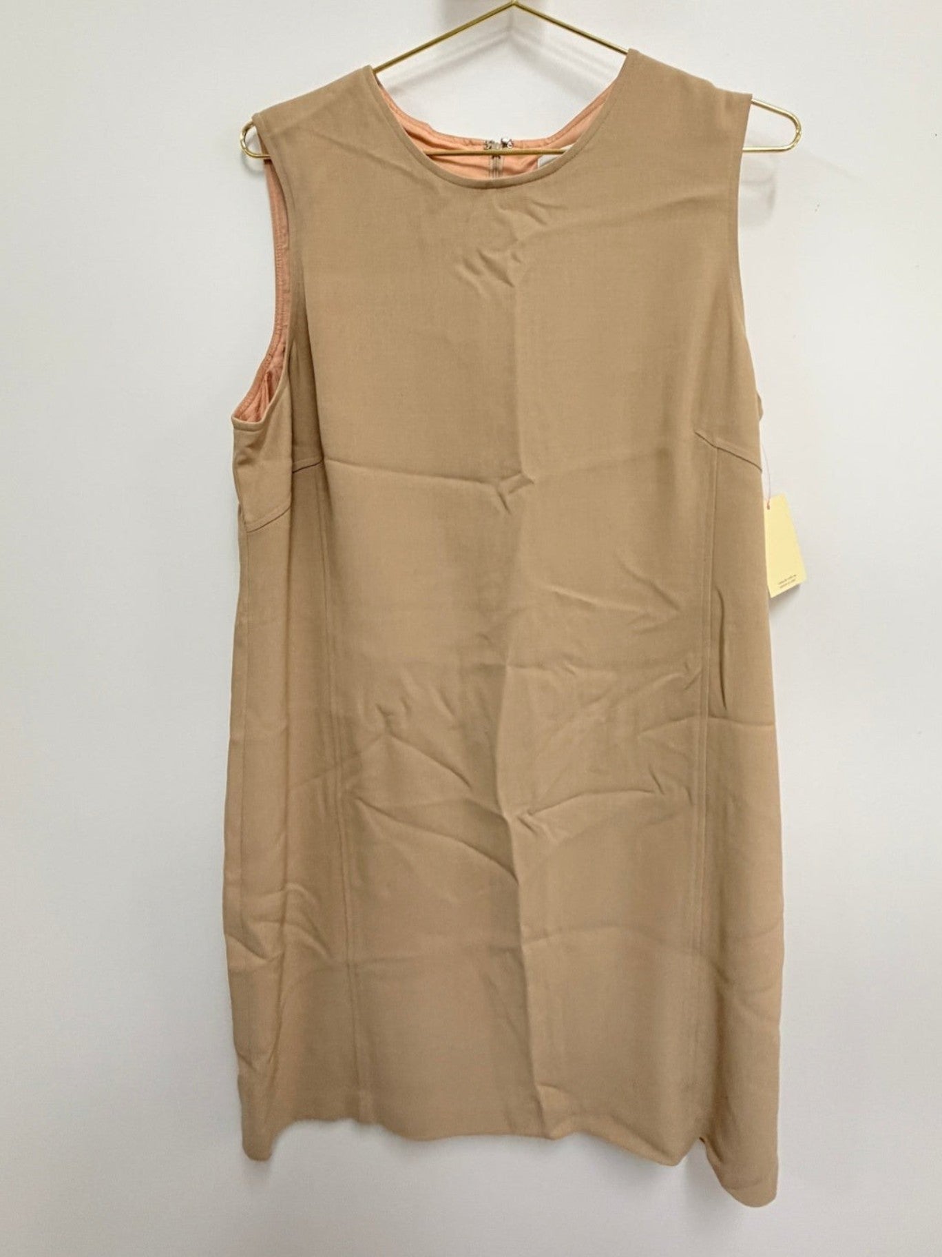 Lynn's Closet Boutique Emanuel Ungaro sleeveless camel shift dress, size 16, fully lined with back-zip closure.