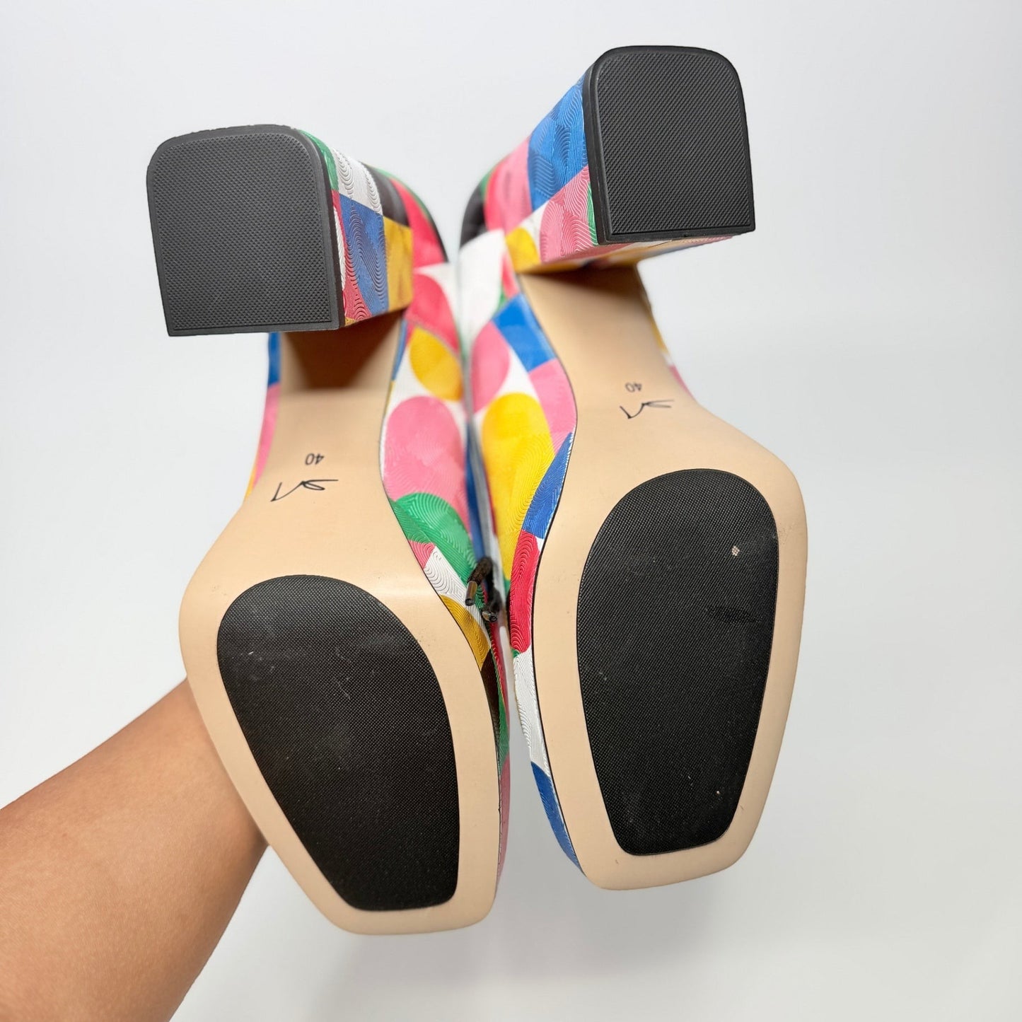 Lynn's Closet Boutique Embassy London Roulette platform heels showing the multi-colored geometric soles and block heels.