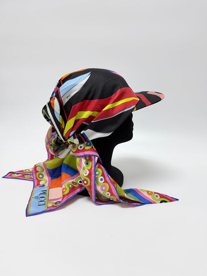 Lynn's Closet Boutique Emilio Pucci silk twill hat with vibrant kaleidoscopic print and adjustable scarf ties.