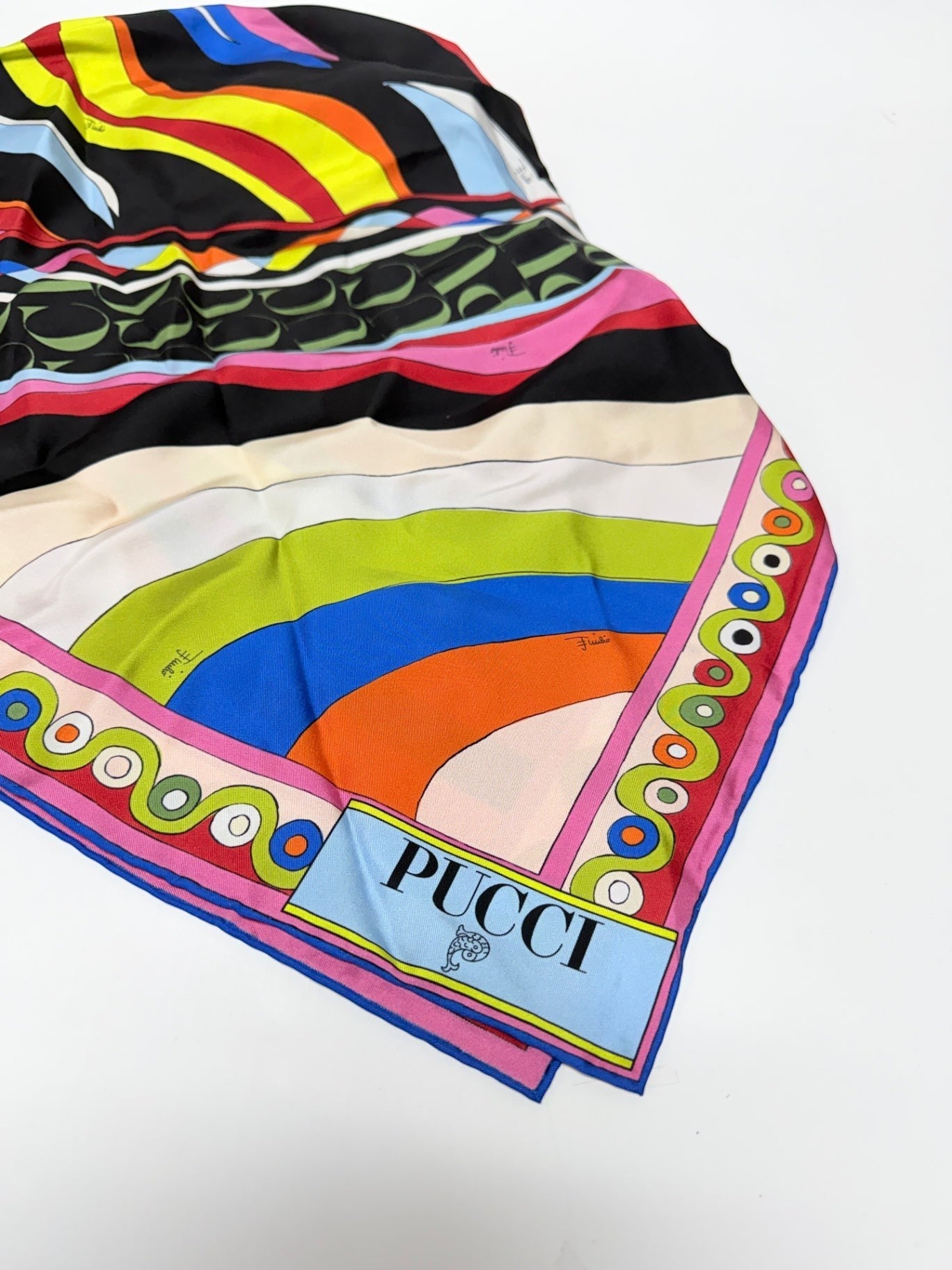 Lynn's Closet Boutique Emilio Pucci silk twill hat featuring a vibrant kaleidoscopic print in black, pink, blue, and yellow.