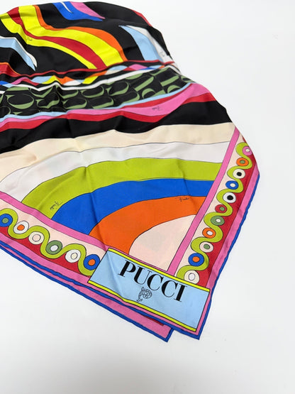 Lynn's Closet Boutique Emilio Pucci silk twill hat featuring a vibrant kaleidoscopic print in black, pink, blue, and yellow.