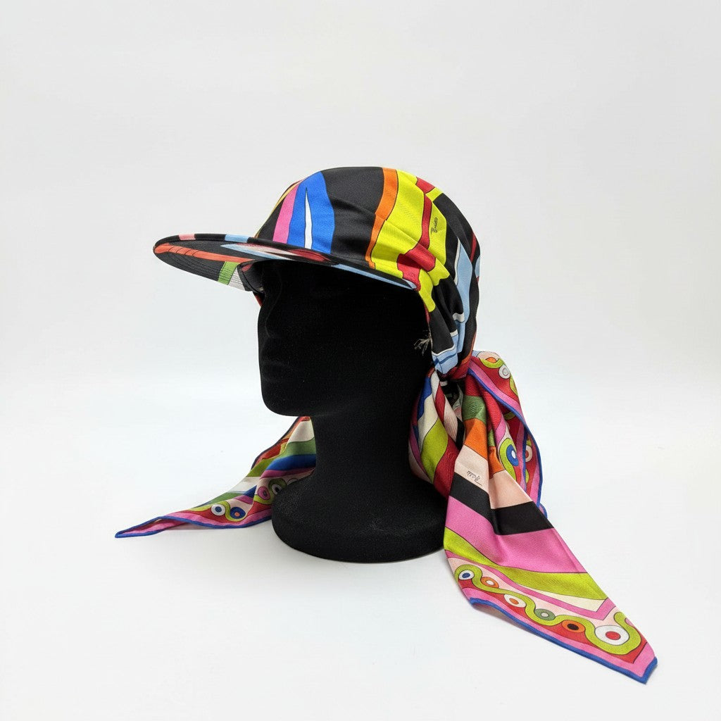Lynn's Closet Boutique Emilio Pucci silk twill hat with vibrant multicolored geometric print and long tie-back scarf