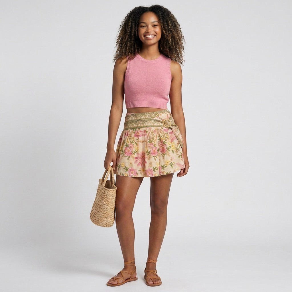 Model wearing Lynn's Closet Boutique Farm Rio Palm Dream linen mini skirt with floral print and double waistband.