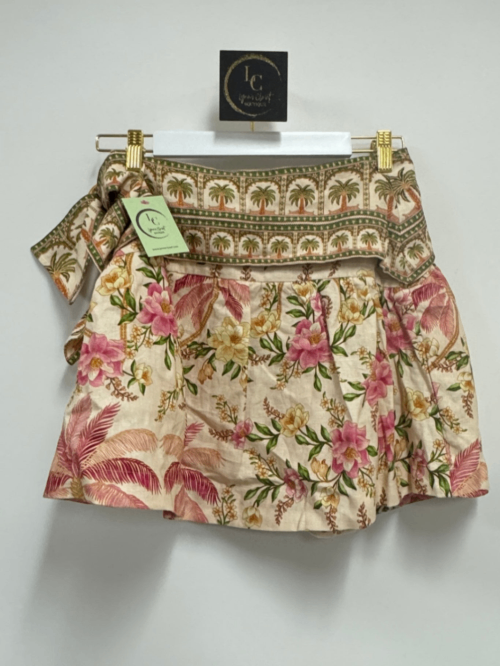Lynn's Closet Boutique Farm Rio linen mini skirt with palm tree and floral print and double waistband detail