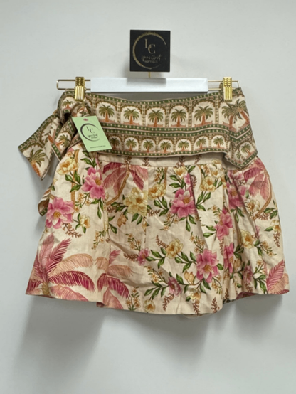 Lynn's Closet Boutique Farm Rio linen mini skirt with palm tree and floral print and double waistband detail