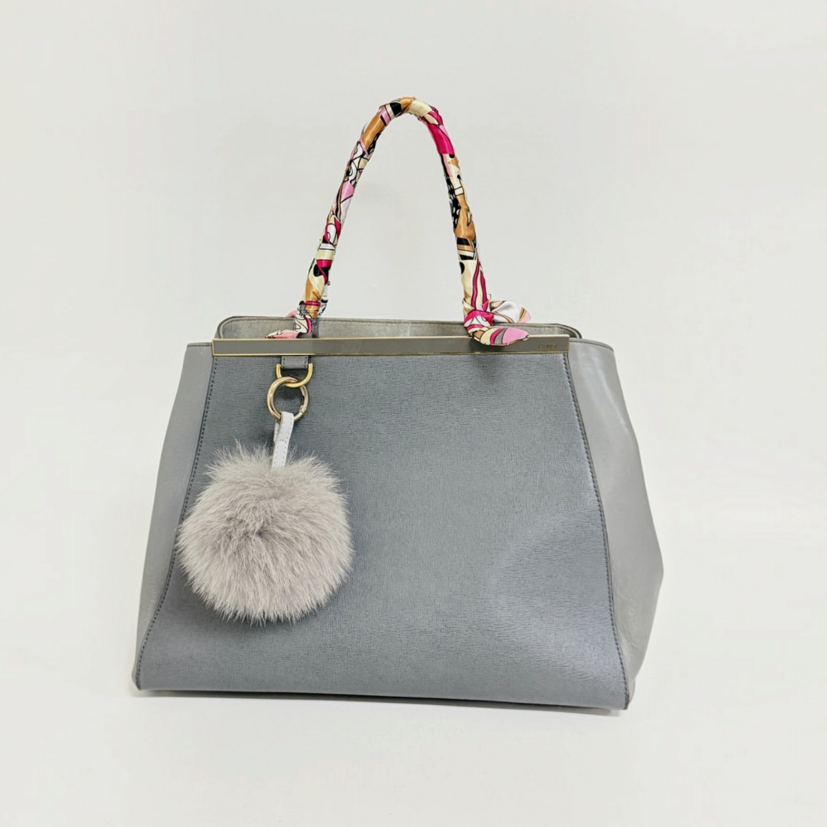 Lynn's Closet Boutique Fendi 2Jours gray leather tote bag with gold hardware, fur pom-pom, and silk scarf handle wrap
