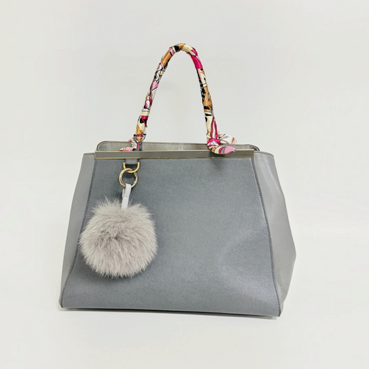 Lynn's Closet Boutique Fendi 2Jours gray leather tote bag with gold hardware, fur pom-pom, and silk scarf handle wrap