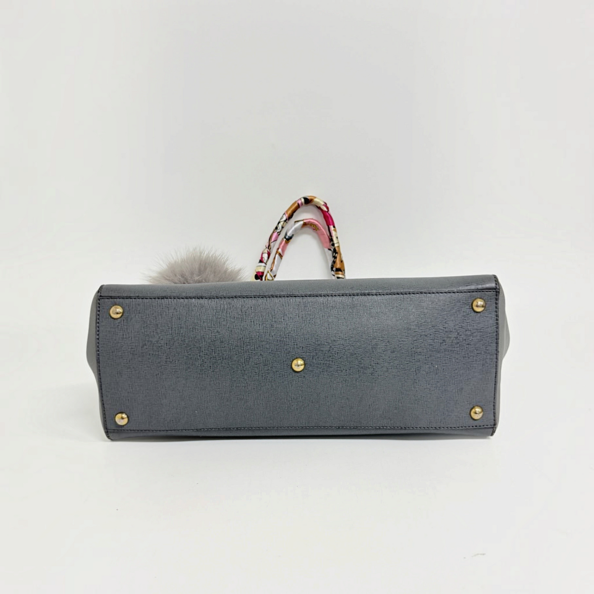 Lynn's Closet Boutique Fendi 2Jours gray leather tote bag base view with protective gold metal feet and fur charm