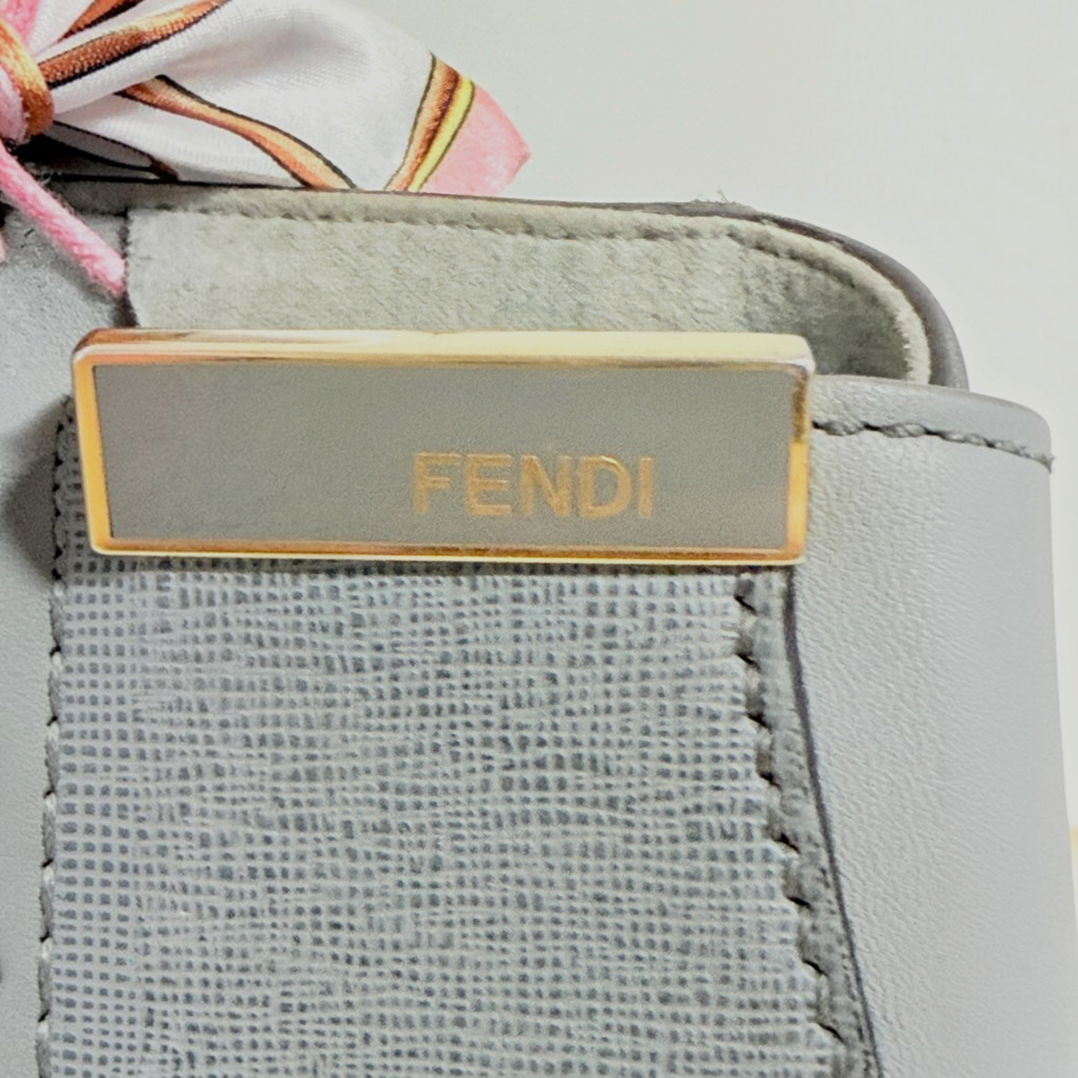 Lynn's Closet Boutique Fendi 2Jours gray leather tote bag with gold logo bar and decorative silk handle scarf