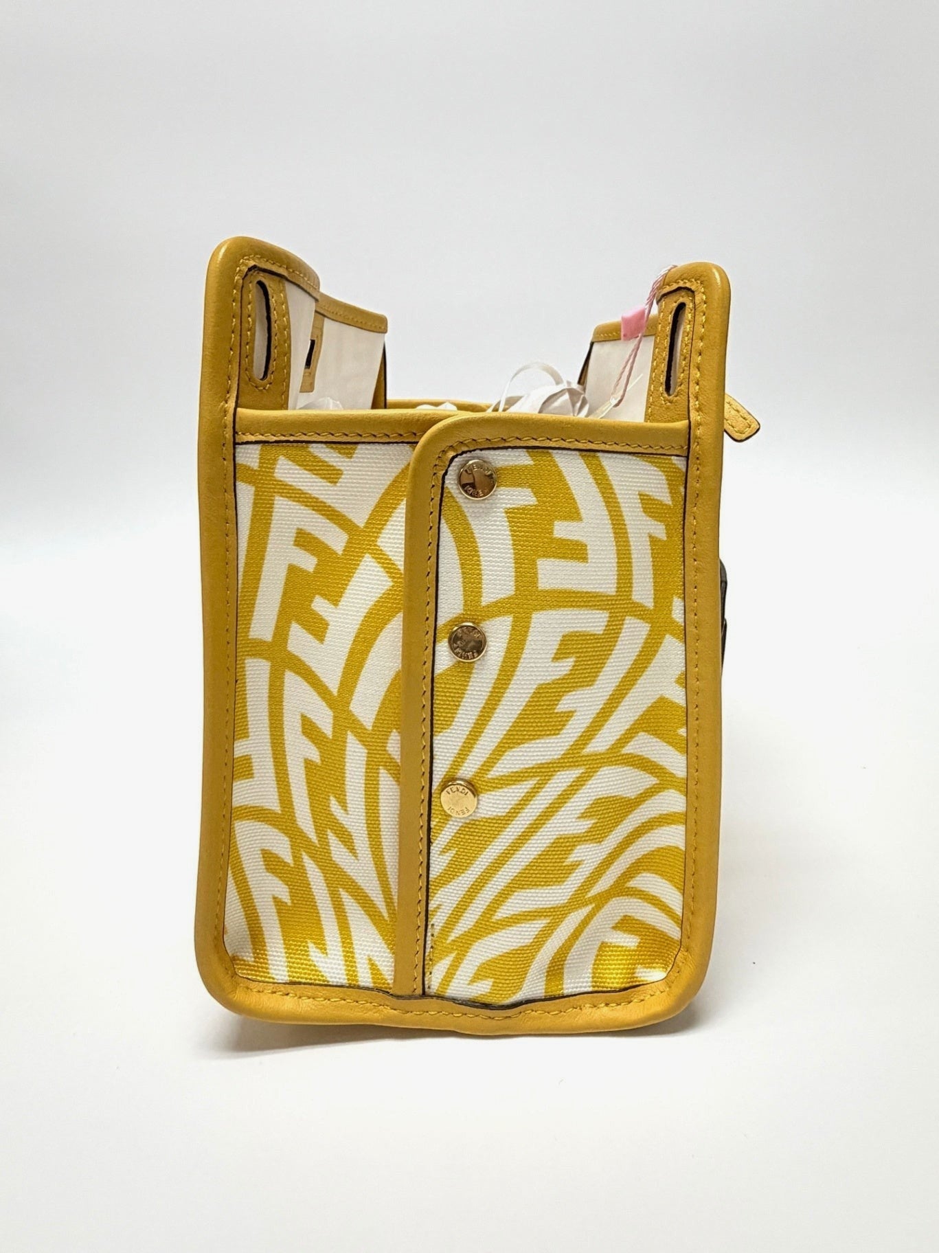 Lynn's Closet Boutique Fendi Peekaboo bag defender cover in yellow and white FF Vertigo canvas with leather trim.